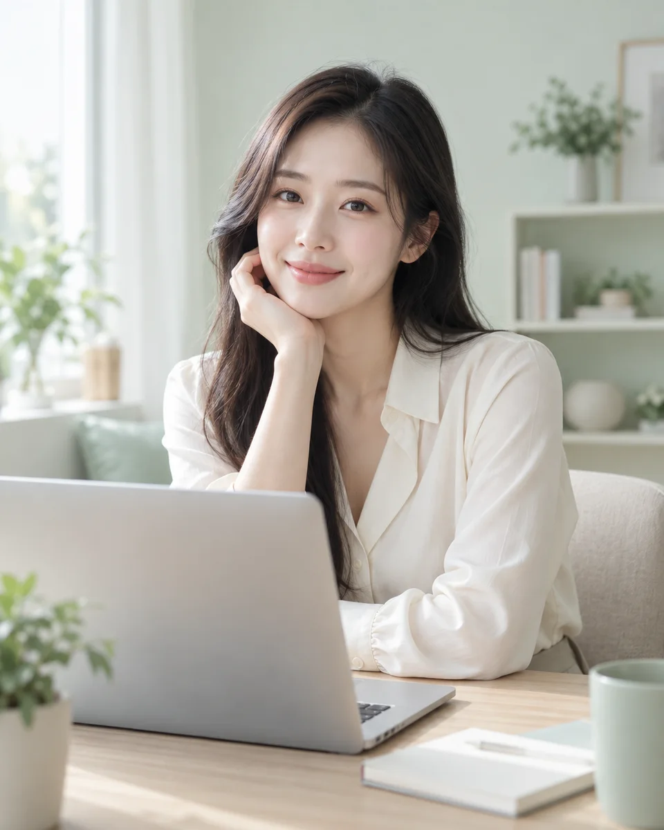 밝고 정돈된 작업 공간에서 노트북과 함께 미소 짓는 여성 모델